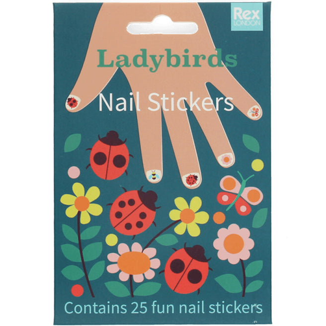 Rex London nagelstickers lieveheersbeestje, de voorkant van de verpakking met illustraties van een hand, lieveheersbeestjes en bloemen.