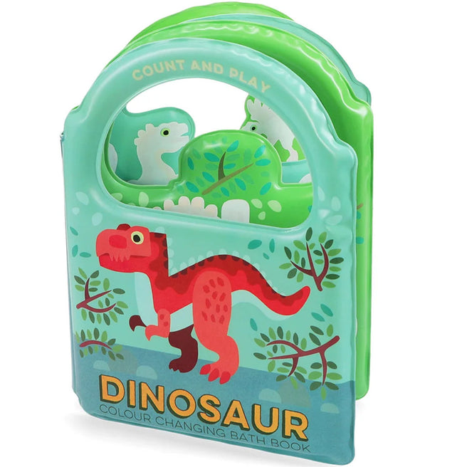 Groen badboekje met een rode dinosaurus en de tekst 'Dinosaur Colour Changing Bath Book'.