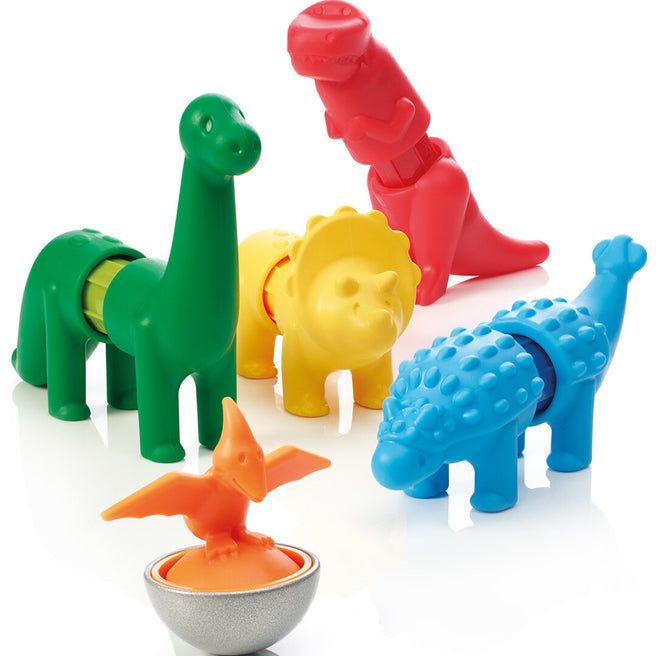 Smartmax magnetische dinosaurusfiguren in verschillende kleuren, waaronder een groene Brachiosaurus en een rode T-Rex.