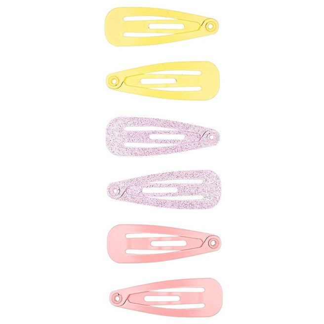 Souza for kids haarspeldjes: zes veelkleurige metalen haarclips voor kinderen, waaronder gele, roze glitter en effen roze.
