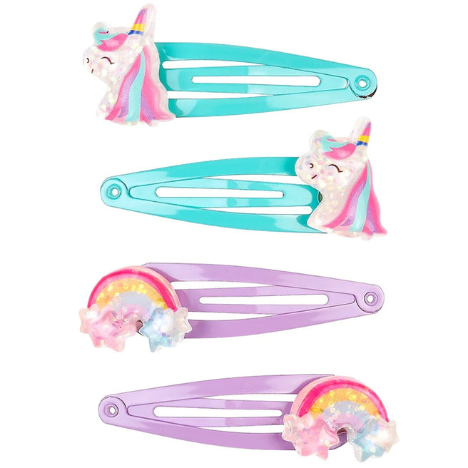 Souza for Kids kinder haarspeldjes, vier stuks, met twee turquoise eenhoorns en twee paarse regenbogen.
