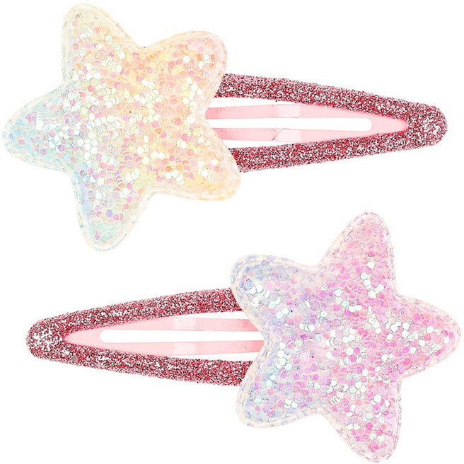 Twee souza for kids haarspeldjes voor kinderen met veelkleurige glittersterren en roze glitterclips.