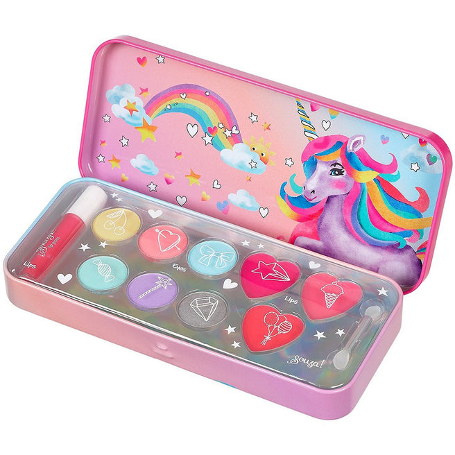 Souza for kids kinder make-up blik met eenhoorn en regenboog, open met diverse make-up en applicators.