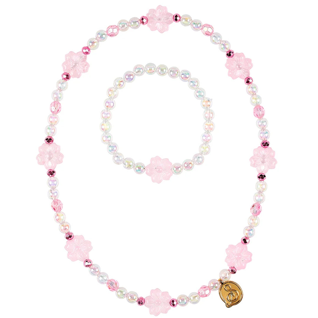 Souza for Kids roze kralen ketting en armband set voor kinderen met bloemvormige kralen en een gouden bedel.