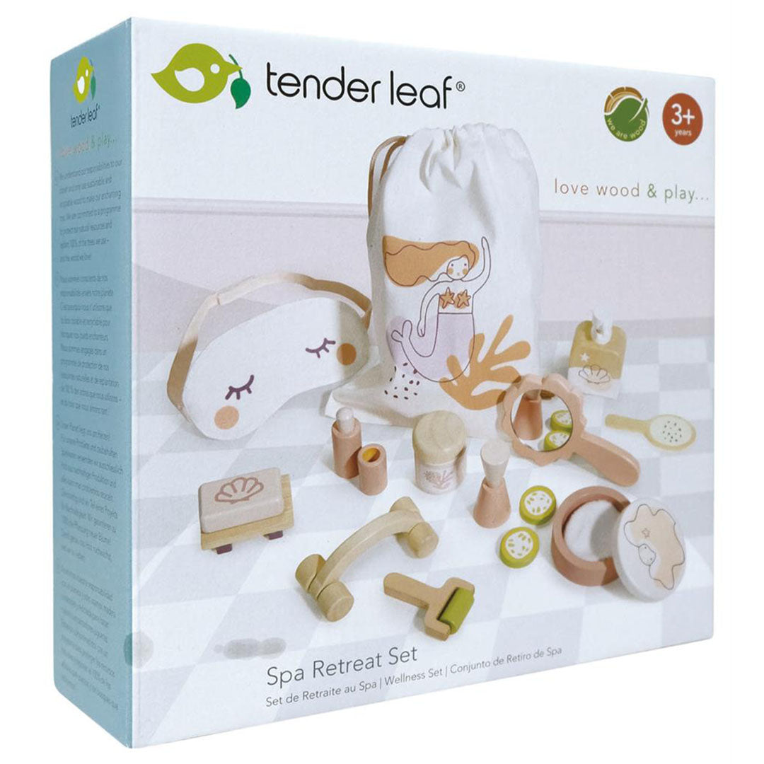 De verpakking van de Tender Leaf Toys houten speelgoed wellness set.