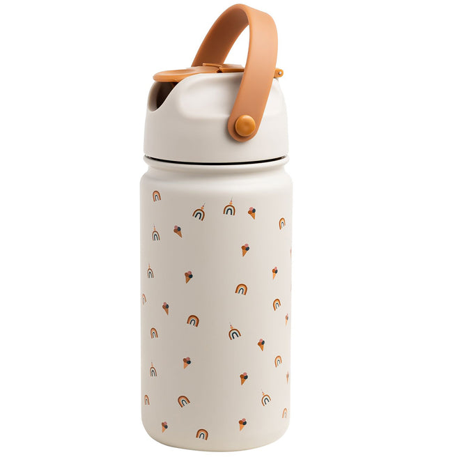 The Cotton Cloud beige kinder drinkfles van roestvrij staal met regenboog- en ijsjespatroon.
