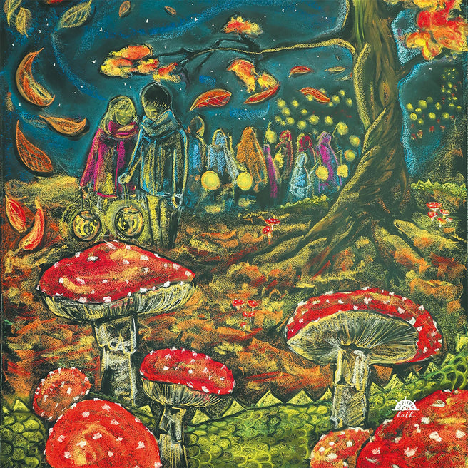 Toverlux toverplaat met een herfsttafereel van kinderen met lantaarns en grote rode paddenstoelen.