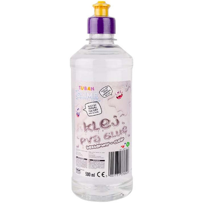 Tuban PVA lijm in een transparante fles van 500 ml, met een label met tekst en figuren.