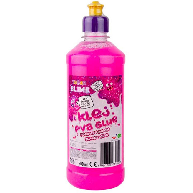 Tuban roze glitterlijm in een fles van 500 ml.