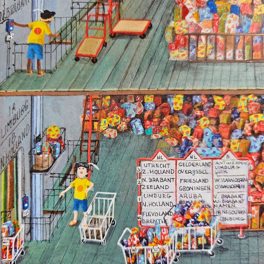 Illustratie uit het Sinterklaas kinderboek van Pieten die pakjes sorteren in een magazijn met provincie-aanduidingen.