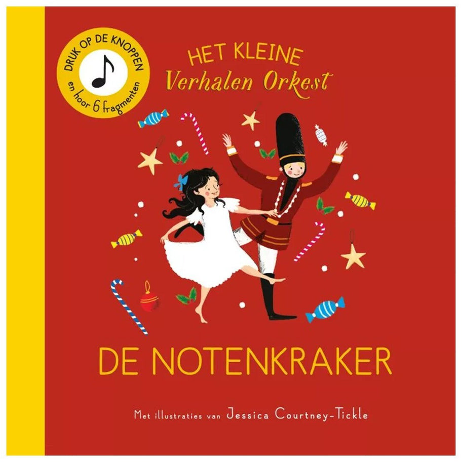 Christofoor muziekboek De Notenkraker voor peuters, met een rode kaft waarop een meisje en een notenkraker dansen tussen kerstversieringen.