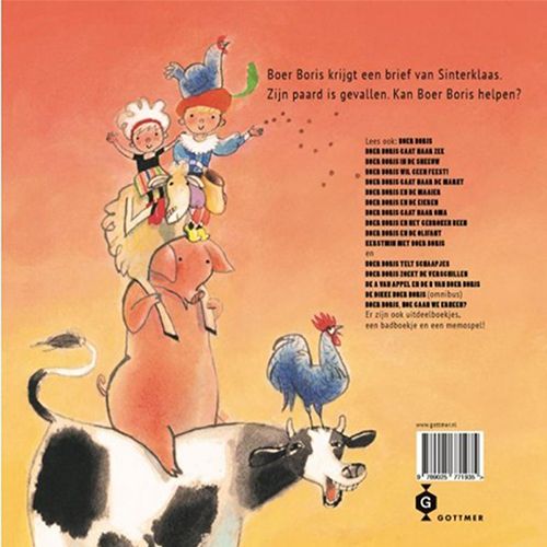 Achterkant van het Gottmer kinderboek 'Boer Boris Een paard voor Sinterklaas' met een stapel boerderijdieren en kinderen.