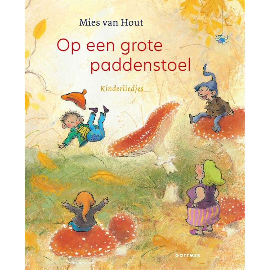 Gottmer kinderboek 'Op een grote paddenstoel' met illustratie van kinderen en een kabouter op paddenstoelen.