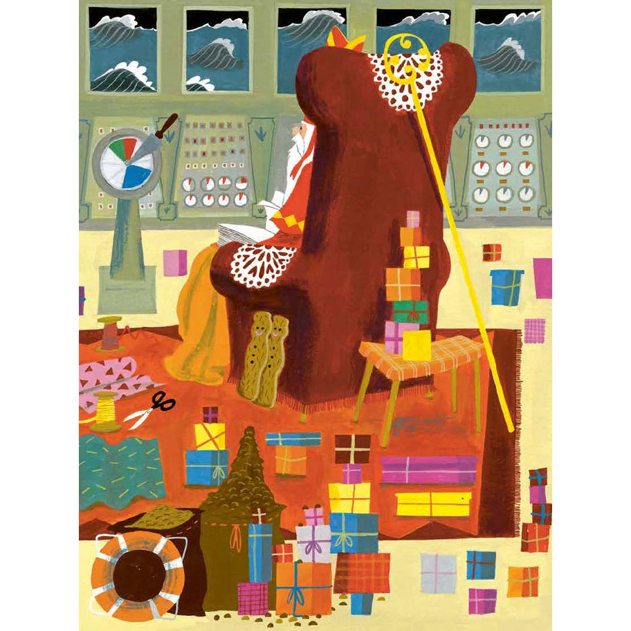 Illustratie uit het kinderboek van Sinterklaas in een fauteuil op de boot, omringd door cadeaus en naaibenodigdheden.