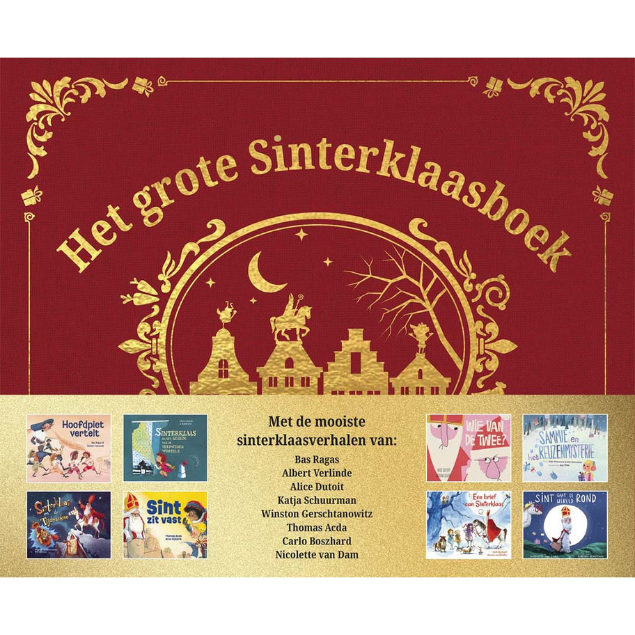 Voorkant van het Rubinstein kinderboek 'Het grote Sinterklaasboek' met gouden versieringen en afbeeldingen van andere Sinterklaasboeken.