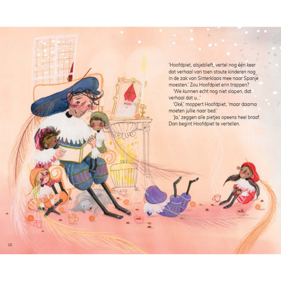 Illustratie van Hoofdpiet die voorleest aan kleine Pieten in een Sinterklaas kinderboek.