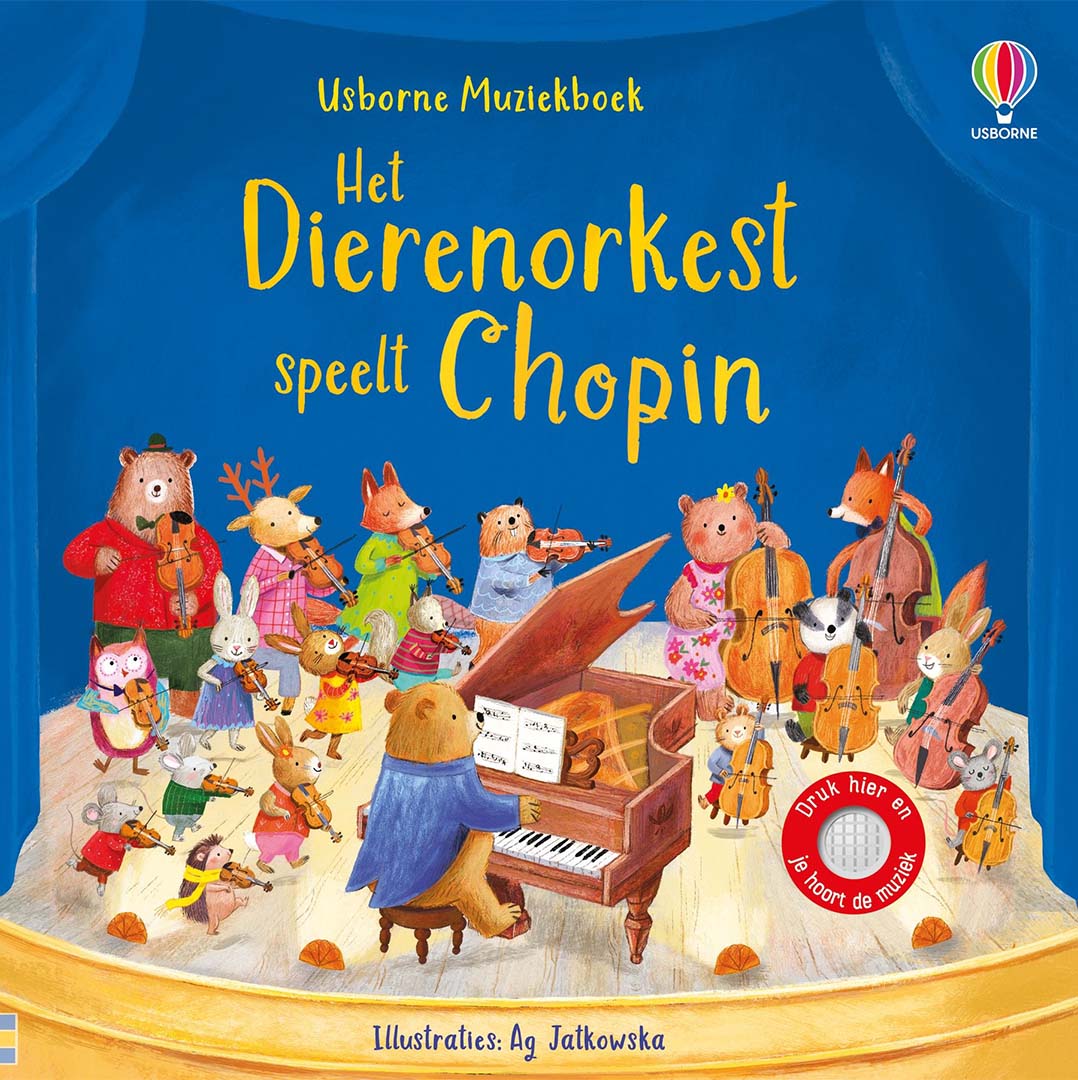 Usborne muziekboek 'Het Dierenorkest speelt Chopin' met een illustratie van musicerende dieren.