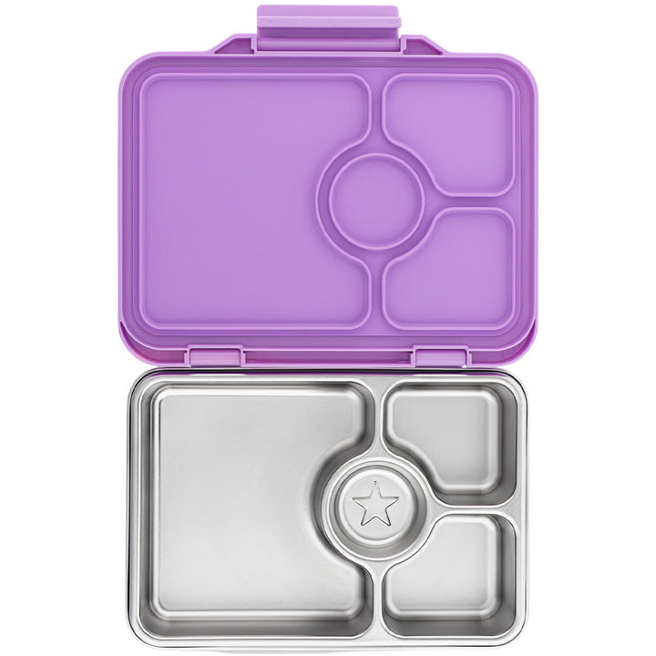 Yumbox rvs bento broodtrommel in lavendelpaars met vier vakken en een sterpatroon.